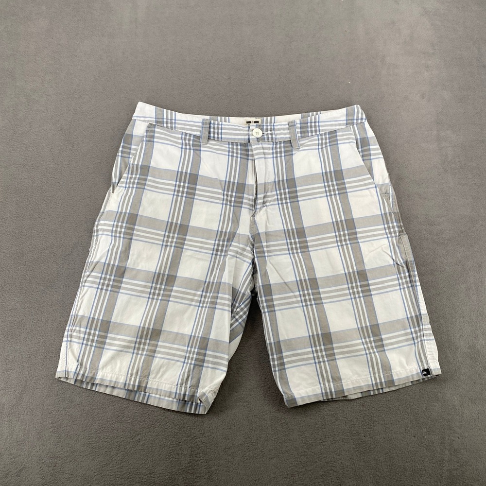 Quiksilver Mens Plaid Flat Front Shorts White Grey Blue AQYWS00212 Size 34
